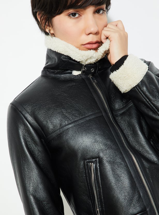 Women Faux Leather Aviator Jacket