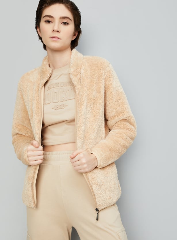 Women Mock Collar Teddy Jacket