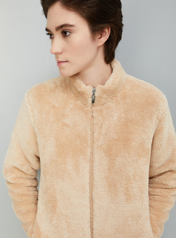 Women Mock Collar Teddy Jacket