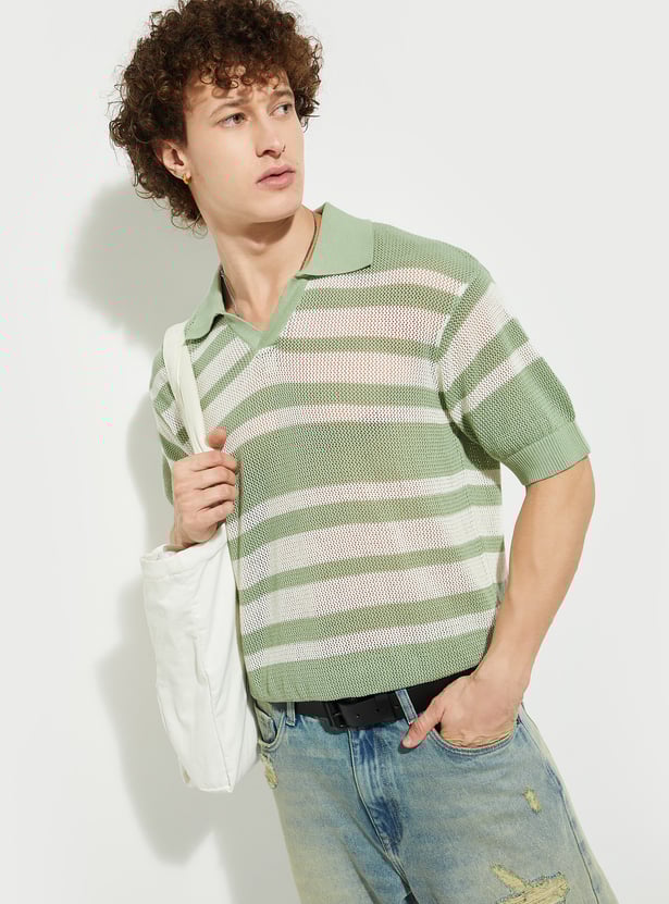 URB_N Men Oversized Striped Knit Polo T-shirt