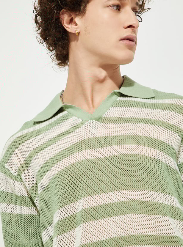 URB_N Men Oversized Striped Knit Polo T-shirt