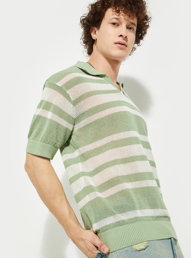 URB_N Men Oversized Striped Knit Polo T-shirt