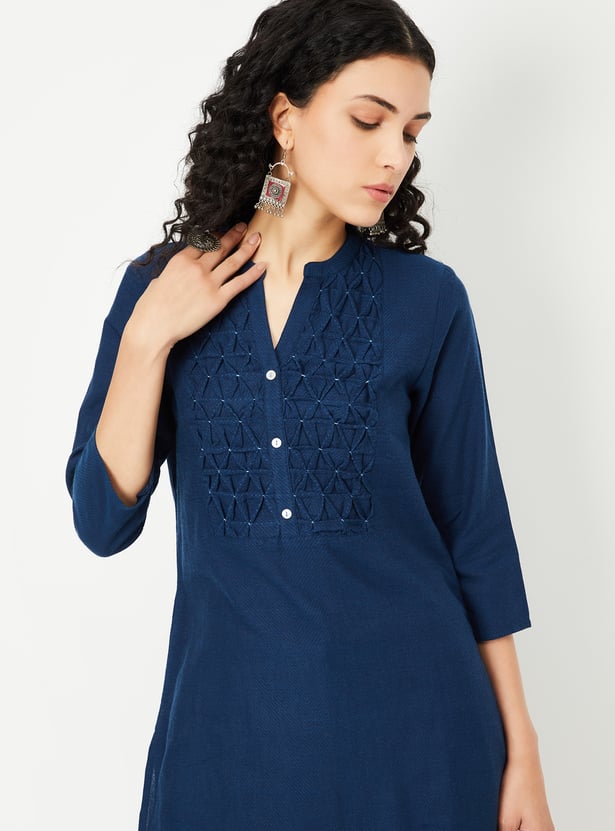 Women Smocked Yoke Straight Kurta