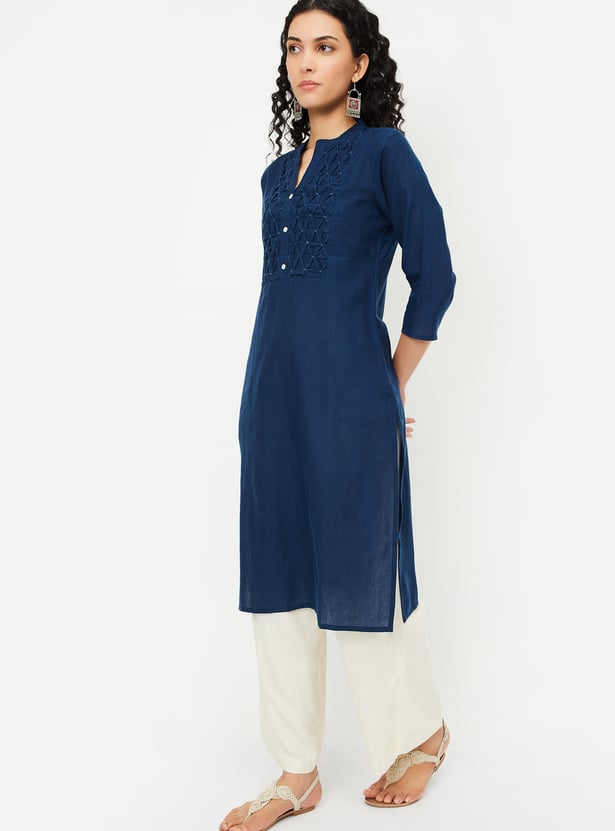 Women Smocked Yoke Straight Kurta