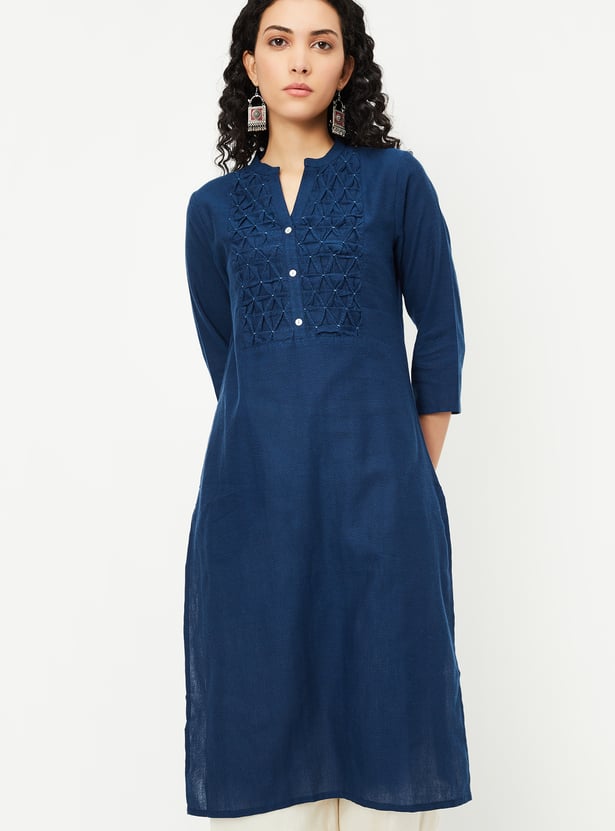 Women Smocked Yoke Straight Kurta