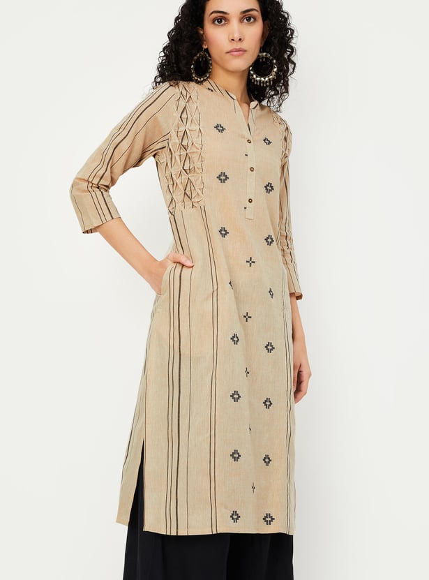 Women Beige Printed Straight Kurta With Plazo