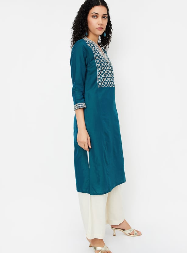 Women's Mustard Embroidered Yoke Design Straight Kurta