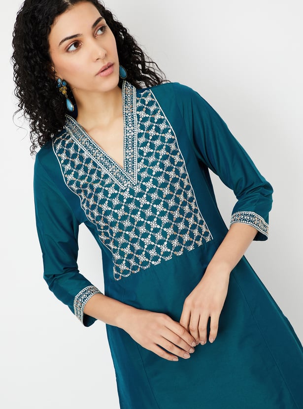 Embroidered Teal Cotton Long Kurta Dress with Yoke and Sleeve Embroidery for Women