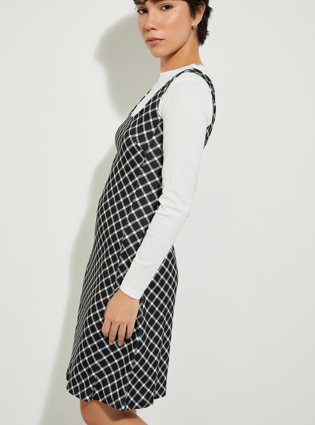 URB_N Women Checked Pinafore Dress with T-shirt