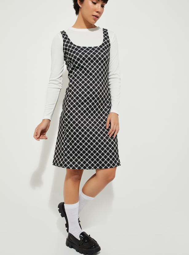 URB_N Women Checked Pinafore Dress with T-shirt