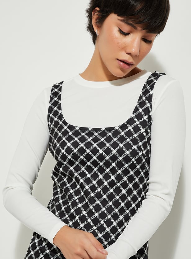 URB_N Women Checked Pinafore Dress with T-shirt