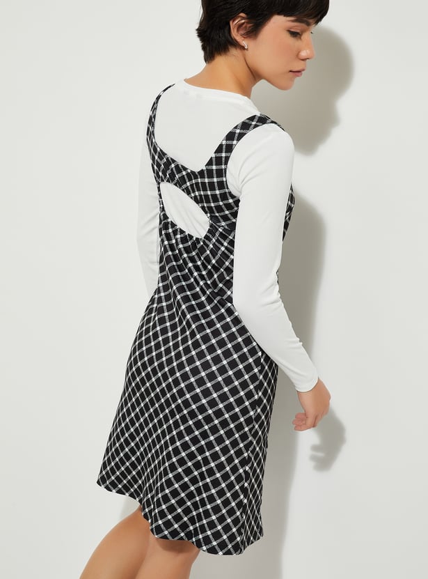 URB_N Women Checked Pinafore Dress with T-shirt