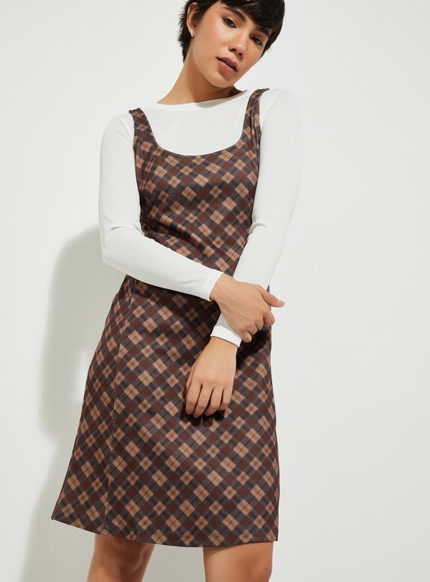 URB_N Women Checked Pinafore Dress with T-shirt