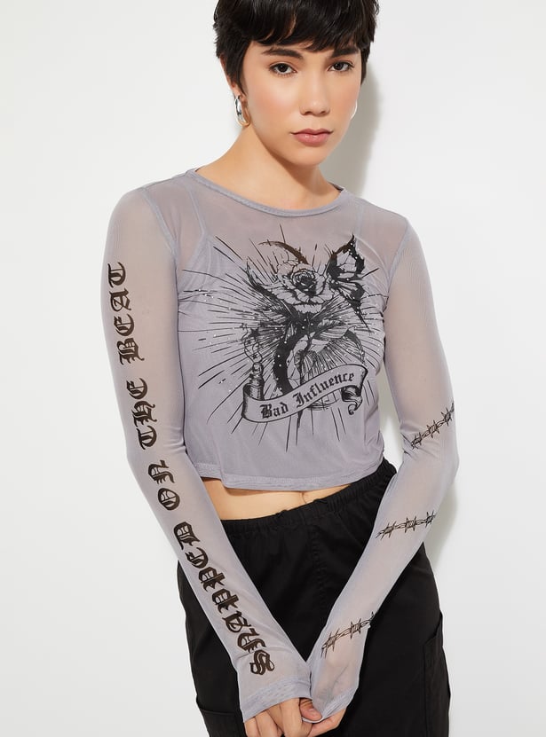 ALAYA F x URB_N Women Mesh Printed Top with Camisole