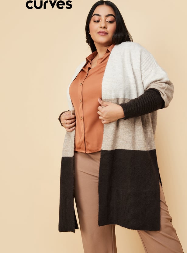 Women Colourblock Open Front Long Cardigan