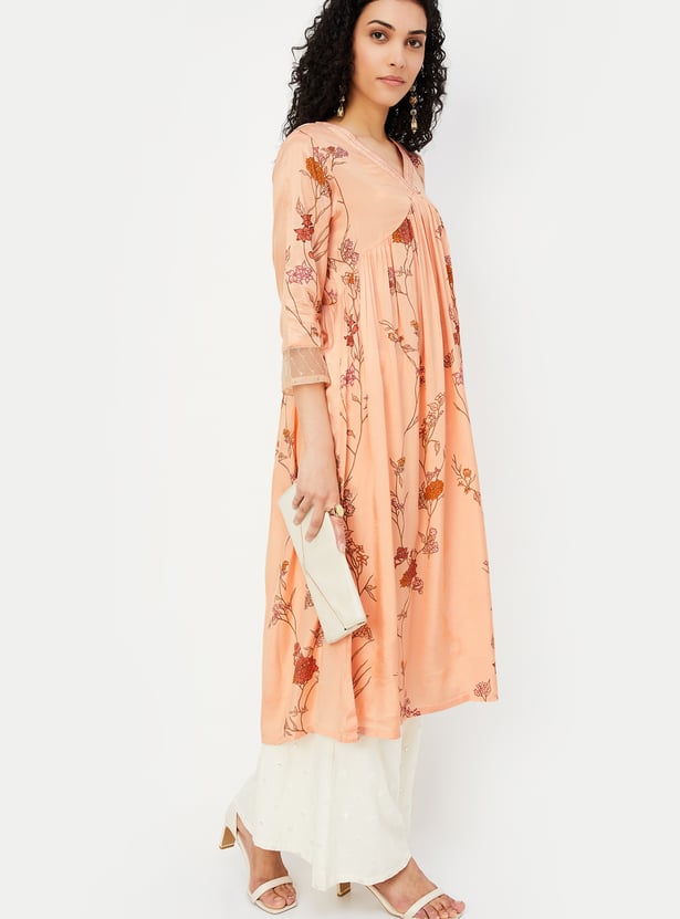 Women Navy Blue & Pink Floral Printed A-Line Kurta
