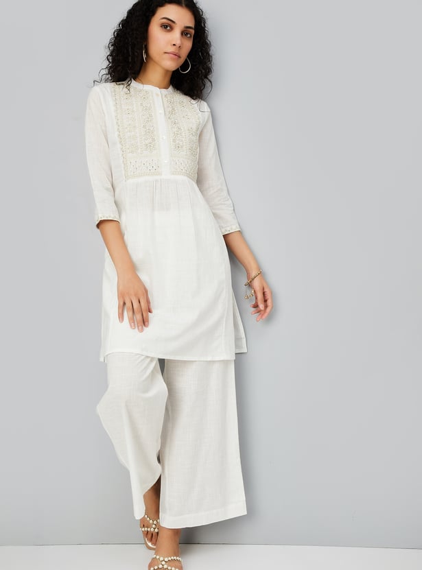 Women  White Embroidered Straight Kurta Trousers  Set