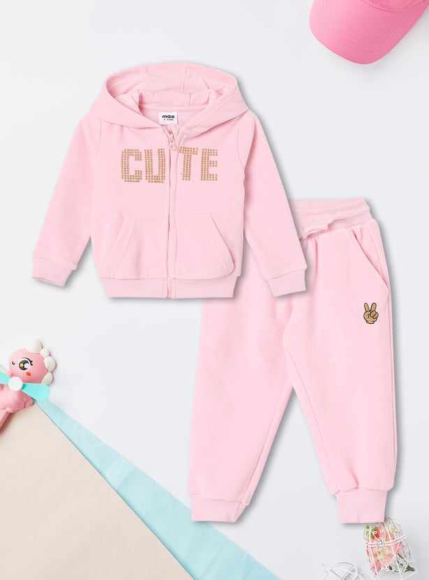 Girls Embellished Hooded Sweatshirt with Joggers
