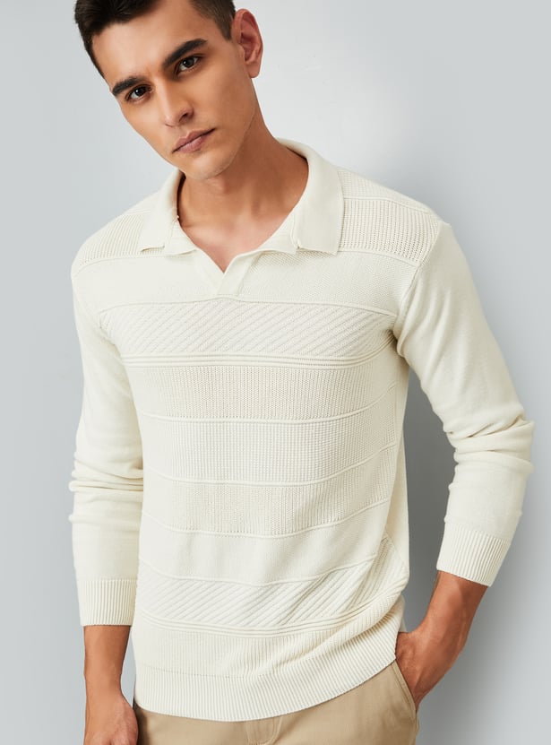 Men Striped Knit Johnny Collar Sweater