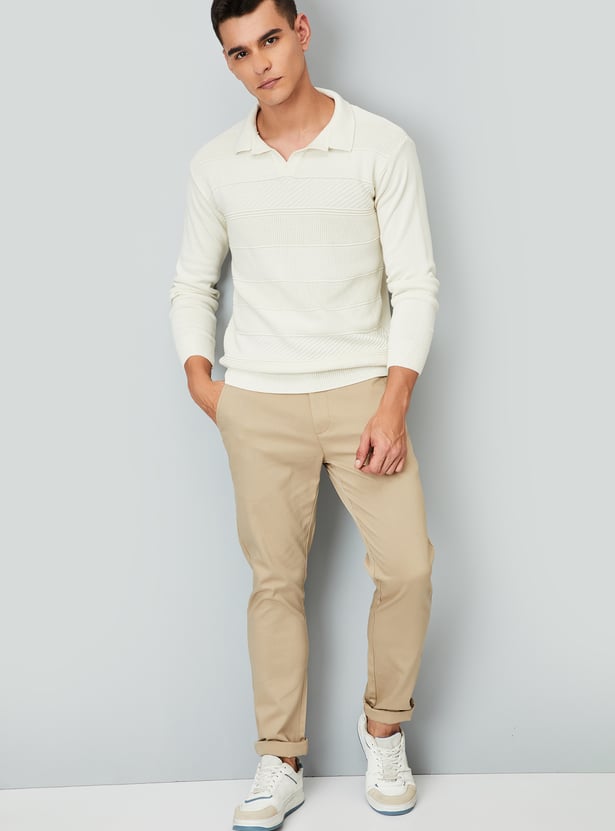 Men Striped Knit Johnny Collar Sweater