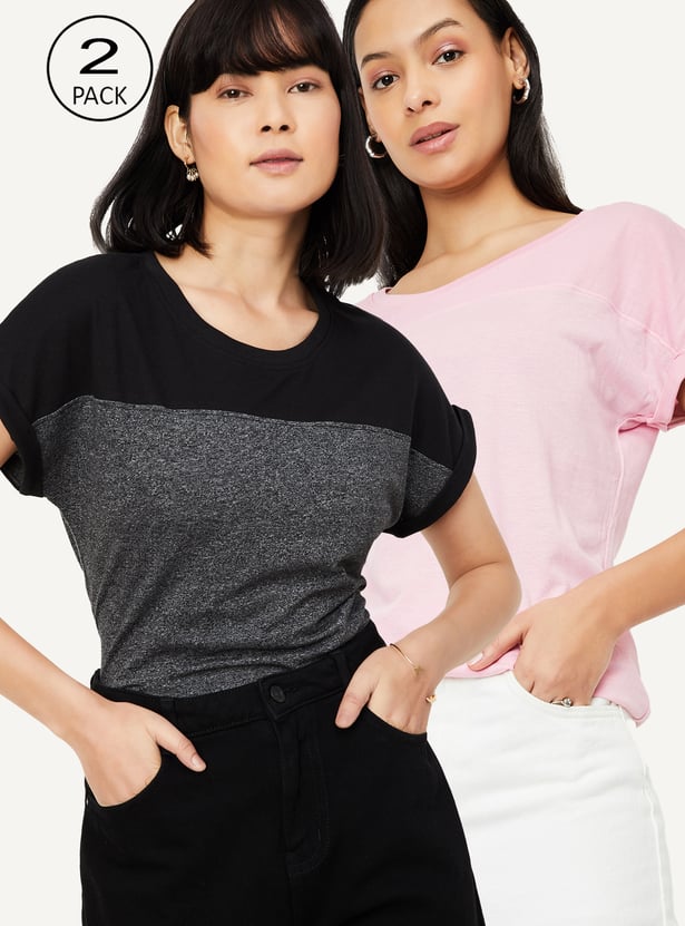 Women Textured T-shirt - Pack of 2