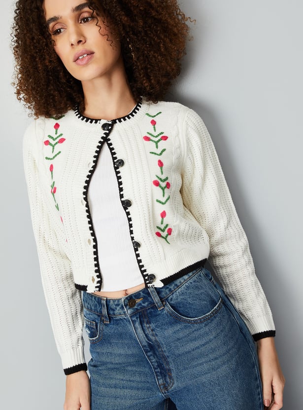 【size：L】ennoy Logo Embroidery Cardigan Buy Women Embroidered Cardigan Online at just Rs. 1299.0