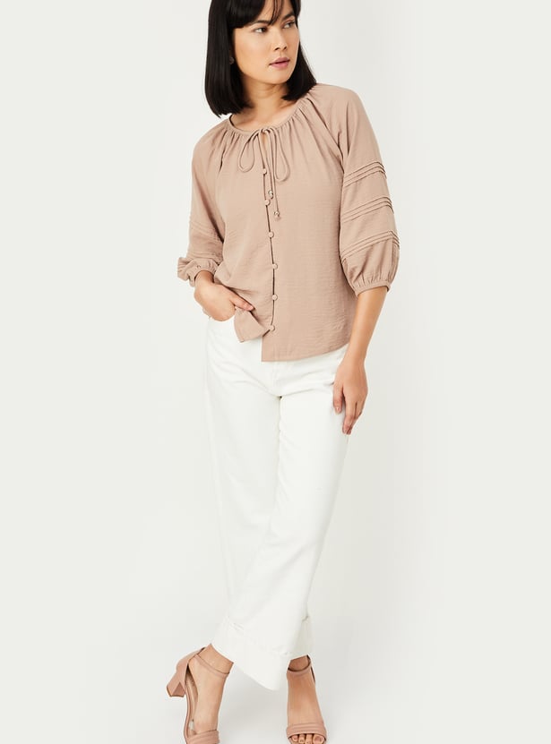 Women Hammered Texture Tie-Up Neck Blouse