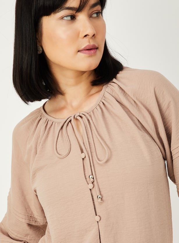 Women Hammered Texture Tie-Up Neck Blouse