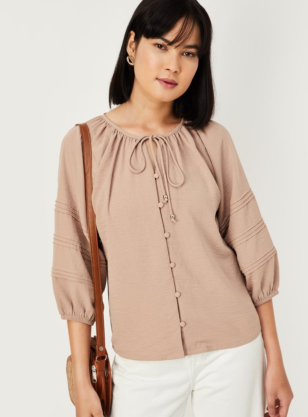 Women Hammered Texture Tie-Up Neck Blouse