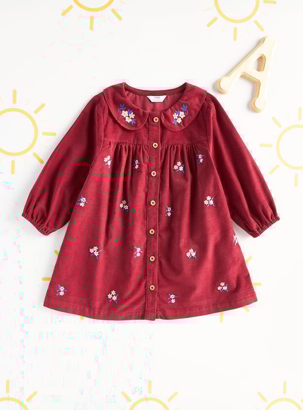 Girls Floral Embroidered Corduroy Dress