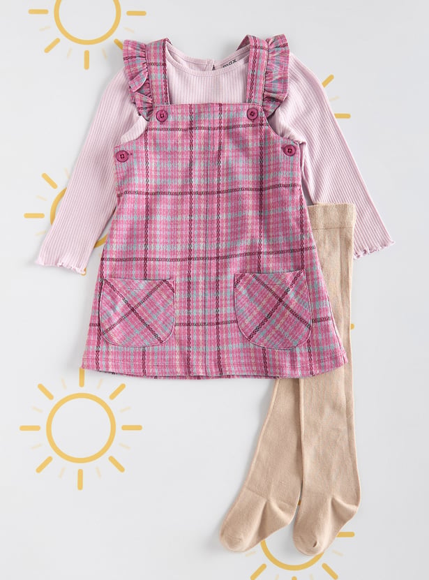 Girls Checked Pinafore Dress with T-shirt & Stockings