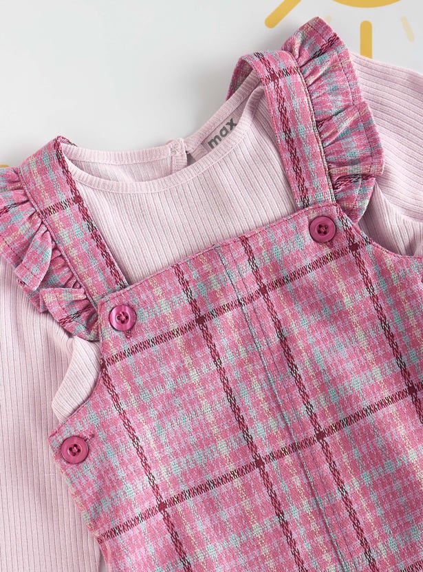 Girls Checked Pinafore Dress with T-shirt & Stockings