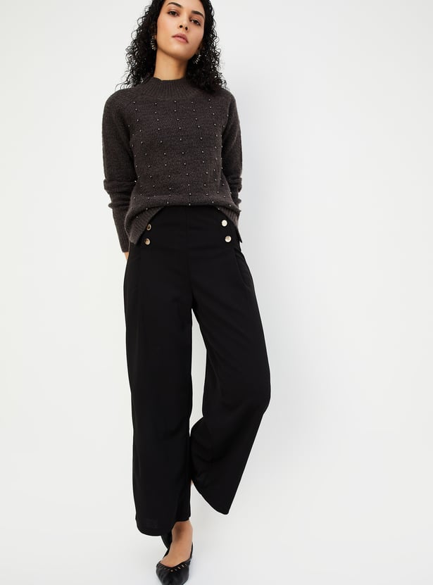 Women Solid Wide Leg Trousers