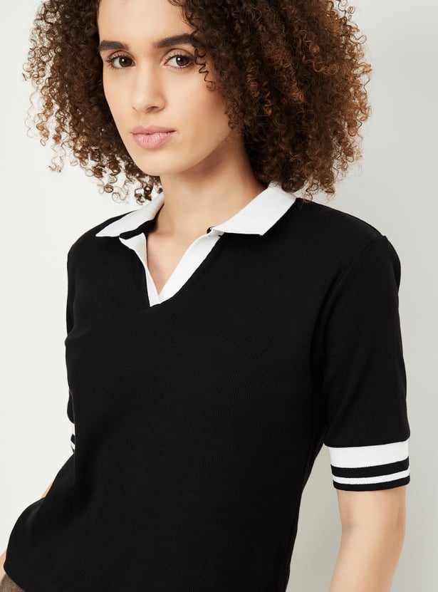 Women Ribbed Athleisure Polo T-shirt