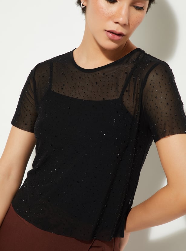 ALAYA F x URB_N Women Embellished Mesh Top
