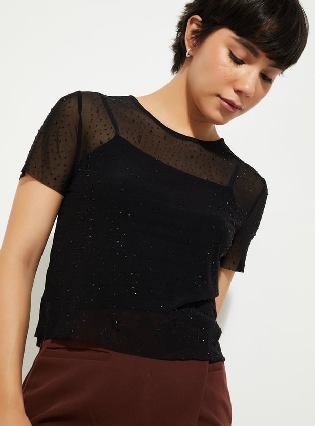 ALAYA F x URB_N Women Embellished Mesh Top