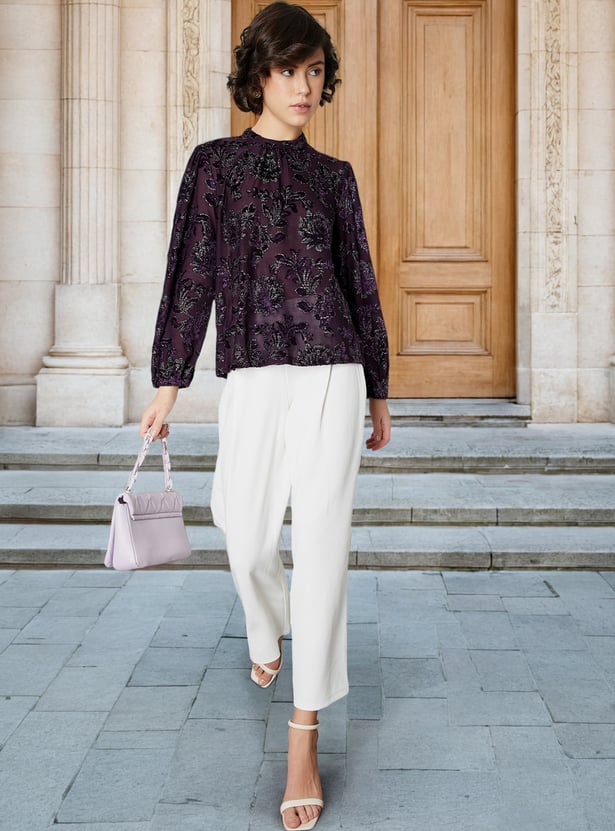 Women Burnout Floral Mock Neck Top