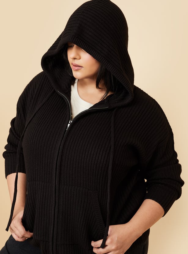 Women Ribbed Hooded Sweater