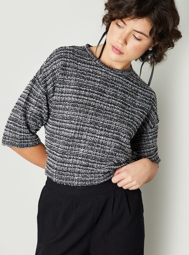 Women Tweed Textured Drop Shoulder Top