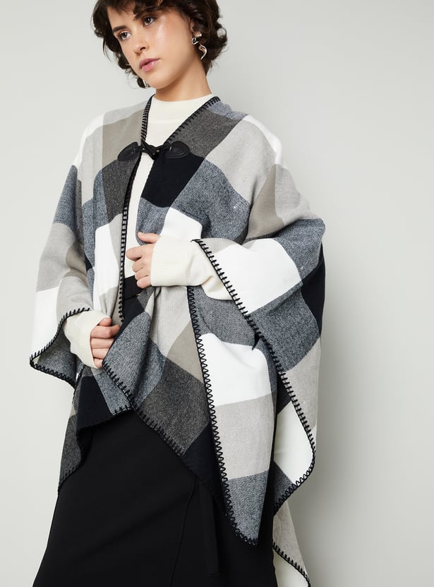 Women Checked Poncho with Embroidered Trim