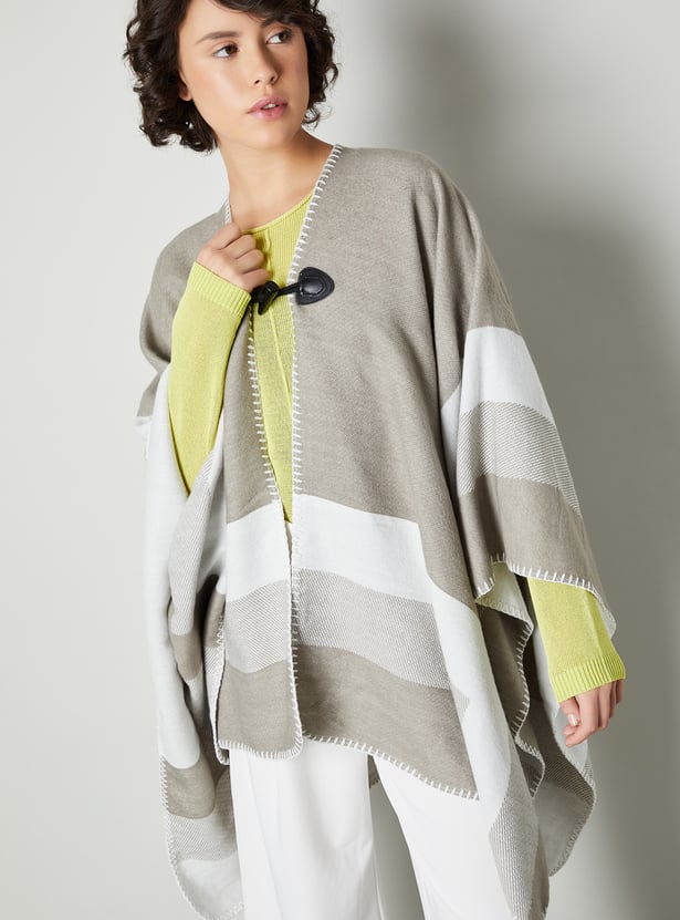 Women Checked Poncho with Embroidered Trim