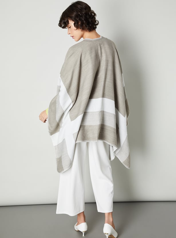 Women Checked Poncho with Embroidered Trim