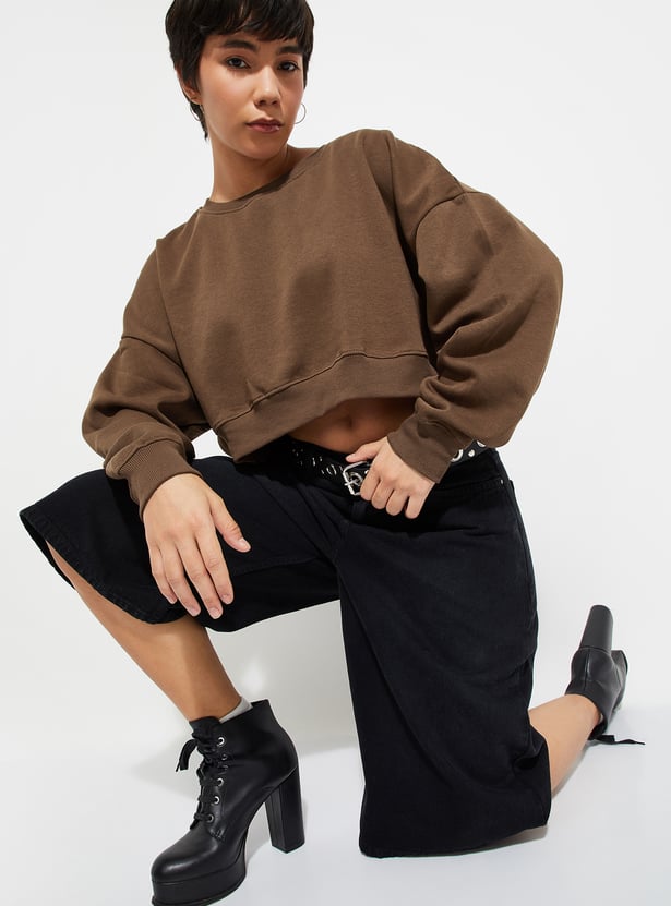 URB_N Women Solid Boxy Cropped Sweatshirt