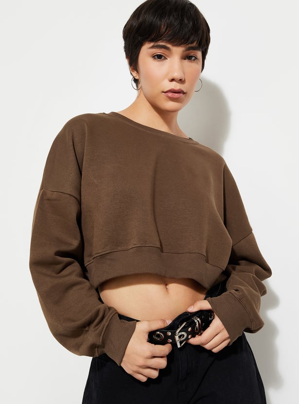 URB_N Women Solid Boxy Cropped Sweatshirt