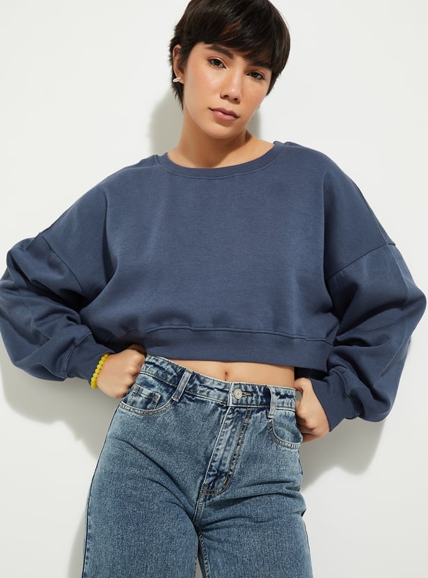 URB_N Women Solid Boxy Crop Sweatshirt