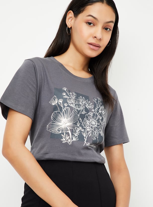 Women Metallic Floral Print T-shirt