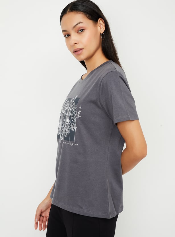 Women Metallic Floral Print T-shirt