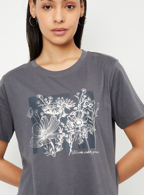 Women Metallic Floral Print T-shirt