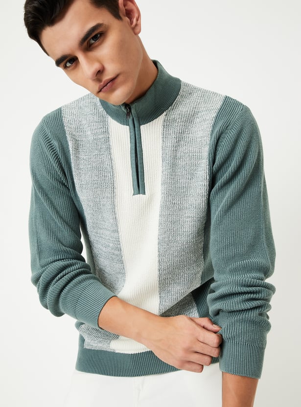 Men Colourblock Zip Troyer Sweater