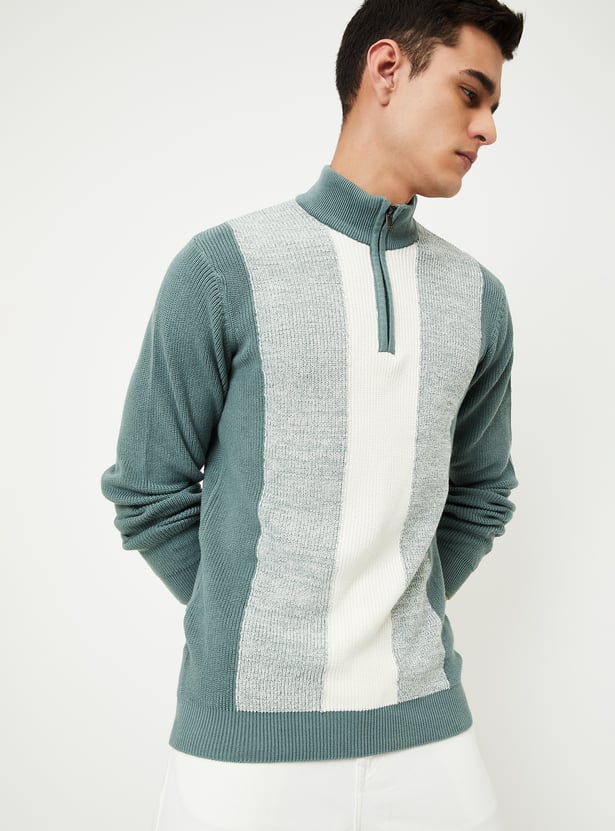 Men Colourblock Zip Troyer Sweater